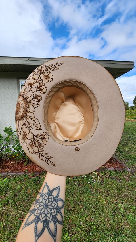 Burned Wedding Hat, Felt Burnt Hats, Felt Hat Pyrography, Woodburning Felt Hat, Painted Western Hat, Wide Brim Western Hat, Branded Cowgirl Hat, Wood Burning On Felt Hats, Woodburning On Hats