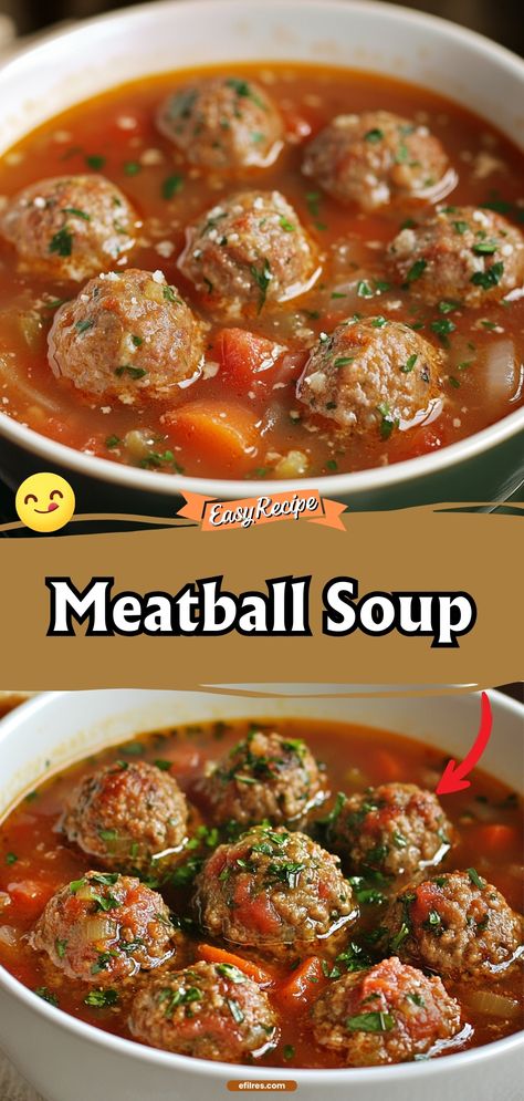 Warm up with a bowl of hearty meatball soup, loaded with juicy meatballs, tender vegetables, and a savory broth that will comfort you on the chilliest days. #SoupSeason #MeatballSoup #ComfortFood Meatball Beef Stew, Soup Recipes Meatball, Dutch Meatball Soup Recipes, Tuscan Meatball Soup, Meatball Soups And Stews, Vegetable Soup With Meatballs, Meatballs Soup Recipes, Meatball Soup Recipes Easy, Crockpot Meatball Soup