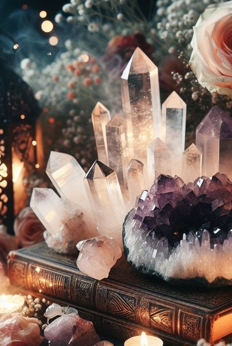 Mineral Stone Decor, Decor With Crystals And Stones, Witchy Vibe Room, Witchy Candle Aesthetic, Crystal Alter Aesthetic, Gem Stones Aesthetic, Witchy Crystals Aesthetic, Crystal Magic Aesthetic, Altar Aesthetic Witch