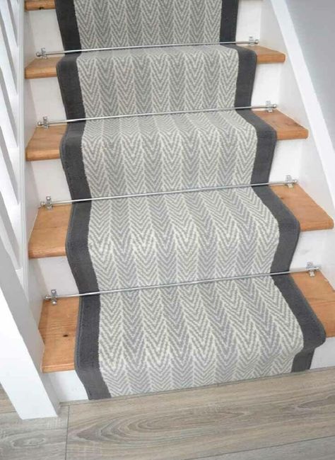 Runner Stairs, Grey Stair Carpet, Long Narrow Hallway, Stairway Carpet, Grey Hallway, Hall Flooring, Carpet Stores, Hallway Designs, Herringbone Design