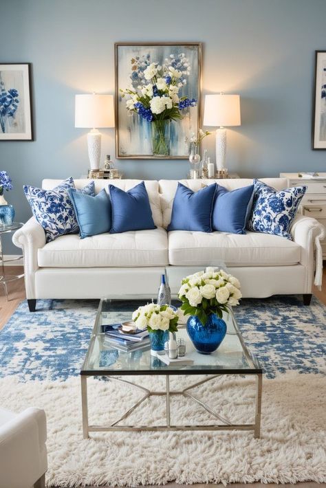 17 Beautiful Boho Living Room Decor Ideas Blue White Yellow Living Room, Blue Themed Living Room, Blue Theme Living Room, Dior Room, Blue Living Room Color Scheme, Boho Living Room Decor Ideas, Blue Living Room Color, White Couch Living Room, Hallway Decorating Ideas