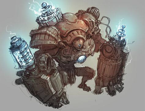 Mech Steampunk, Golem Rpg, Golem Concept Art, Steampunk Mecha, Steampunk Concept Art, Steampunk Monster, Décor Steampunk, Steampunk Robots, Heroic Fantasy