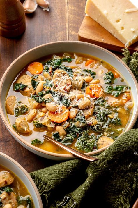 Sausage, White Bean & Kale Soup - Rachael's Good Eats Dinners For Fall, White Bean Sausage Soup, Bean Kale Soup, Sausage White Bean, Kale And Bean Soup, White Bean Kale, Bean And Sausage Soup, White Bean Kale Soup, Healthy Soup Recipe