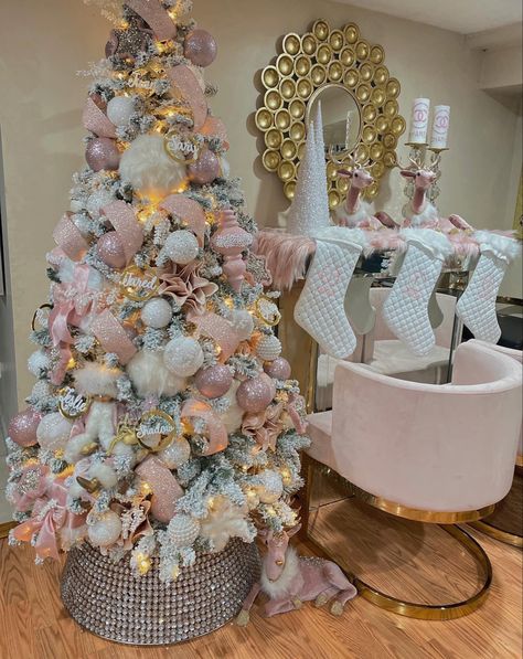 Pink Christmas tree and decorations. Pink White Silver Christmas Decorations, White Gold And Pink Christmas Tree, Christmas Tree Silver And Pink, Pink White And Silver Christmas Decor, White Gold Pink Christmas Tree, Elegant Pink Christmas Decor, Pink Silver And White Christmas Tree, Pink Silver And Gold Christmas Tree, Pink Silver White Christmas Tree