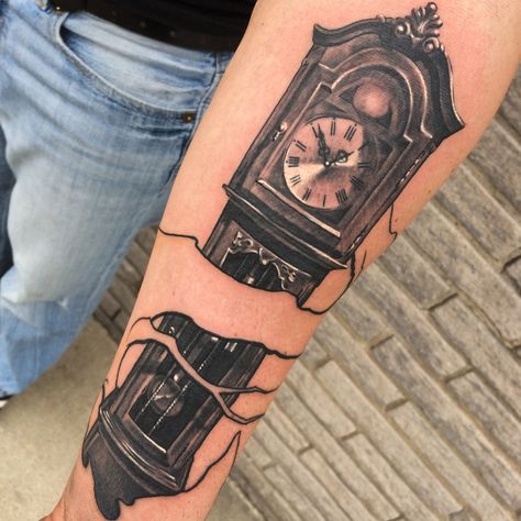 Grandfather Clock Tattoos, Grandfather Clock Tattoo Design, Grandfather Clock Tattoo, Grand Pere, Clock Tattoos, Memory Tattoos, In Loving Memory Tattoos, Geometric Sleeve Tattoo, Black Art Tattoo