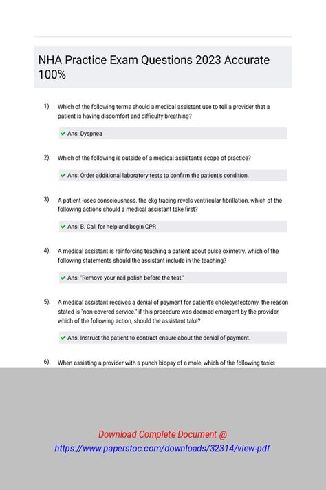 NHA Practice Exam Questions 2023 Accurate 100 
 Which of the following terms should a medical assistant use to tell a provider that a patient is having discomfort and difficulty breathing?Which of the following is outside of a medical assistant's scope of practice?A patient loses consciousness. The EKG tracing revels ventricular fibrillation. Which of the following actions should a medical assistant take first?A medical assis Nha Medical Assistant Exam, Medical Assistant Notes, Pulse Oximetry, Difficulty Breathing, Practice Exam, Medical Assistant, Medical Education, Teacher Ideas, Online Classes