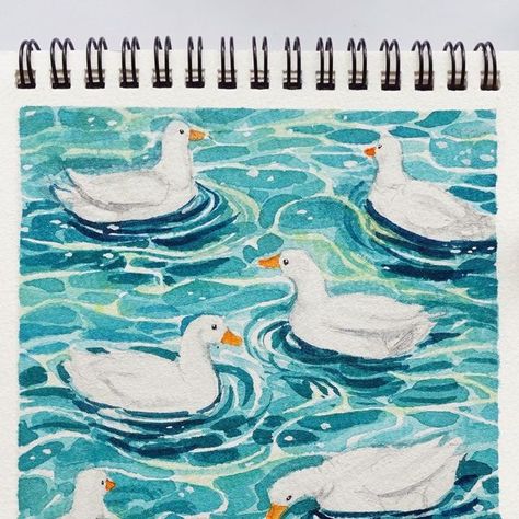 Duck Swimming Drawing, Duck In Water Drawing, Thumb Painting, Duck Watercolor, Gauche Painting, Duck In Water, Ducks Swimming, Duck Drawing, Lost Garden