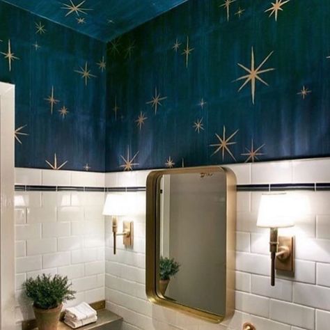 Jane Rockett on Instagram: “Heavenly bathroom interiors! 🖤 The gorgeous night star wallpaper looks magical and I love how they have wallpapered the ceiling too as it…” Quirky Bathroom, Bohol, Maximalism, Dream Bathroom, House Goals, Style At Home, My New Room, Home Fashion, Bathroom Inspiration