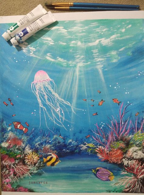 Under Sea Painting Acrylic, Undersea Painting Acrylic, Water Aesthetic Painting, Underwater Sea Painting, Sea Drawing Acrylic, Sea Coral Painting, Under Water Painting Ideas On Canvas, Aquarium Painting Acrylic, Under Water Painting Ideas