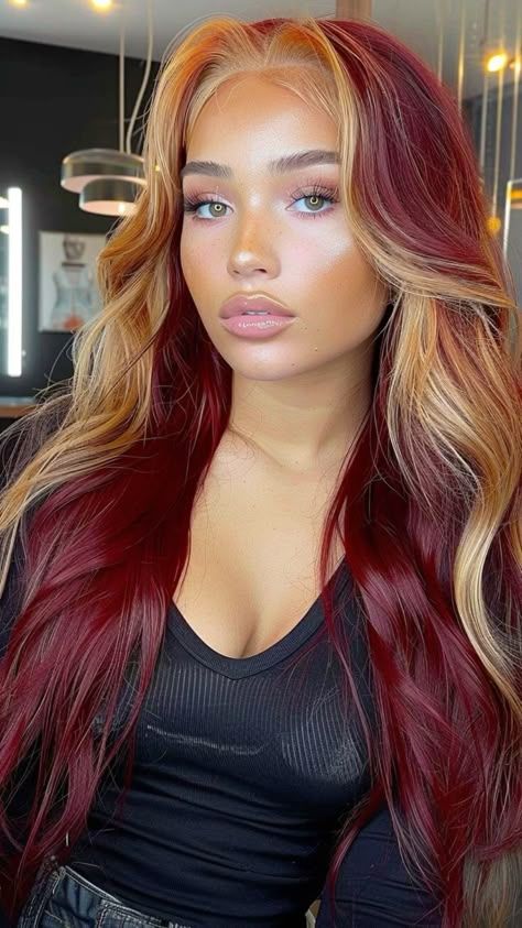 Caramel And Red Hair, Multi Colored Red Hair, Multicolor Highlights For Dark Hair, Celebrity Red Hair, Black Woman Colored Hair, Red Hair Fall 2024, Hair Color For Medium Length Hair, Hair Styles For Red Hair, Ginger Hair With Layers