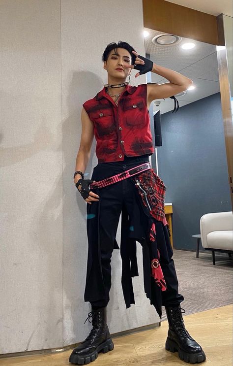 Ateez 2022, Kpop Costume, Kpop Fashion Men, Rock Star Outfit, Red And Black Outfits, Kpop Concert Outfit, Boyfriend Outfit, Concert Fits, Performance Outfit