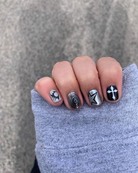 Short Acrylic Nails Masculine, Short Black Nails With Cross, Short Alt Nail Ideas, Masc Women Nails, Goth Nails Short Natural, Alt Nails Designs Short, Men’s Nail Art Design, Alternative Short Nails, Short Alternative Nails