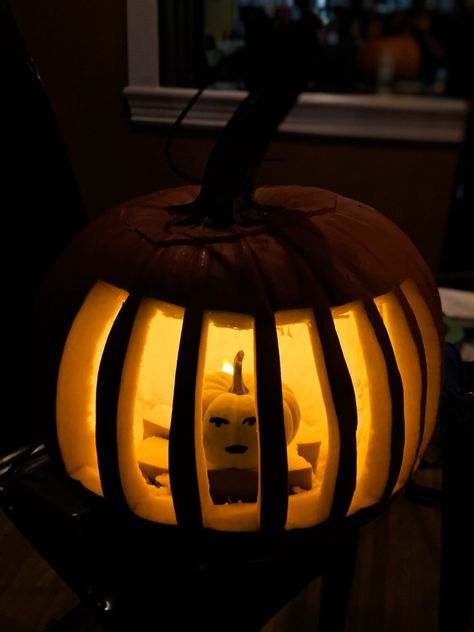 Pumpkin With Mini Pumpkin Inside, Jail Cell Pumpkin Carving, Pumpkin Inside Pumpkin Carving, Pumpkin In Jail Carving, Pumpkin Carving Jail Cell, Little Pumpkin Inside Big Pumpkin, Pumpkin Inside A Pumpkin Carving, Jail Pumpkin Carving Ideas, Mini Pumpkin Carving