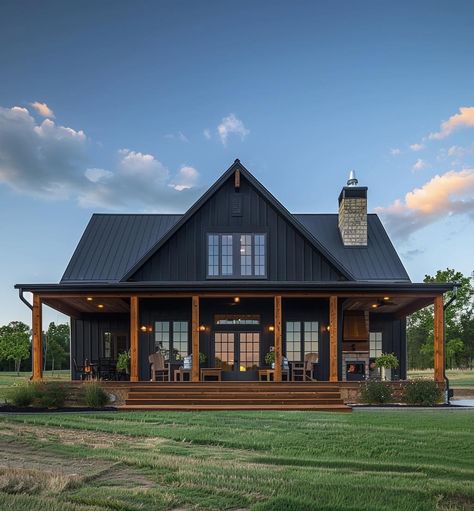 Black Barnhouse Homes, Barndo Style Homes, Black House Wrap Around Porch, Black Country House Exterior, Black House Tin Roof, Dark Exterior Barndominium, Simple Barndominium Ideas With Shop, Old Bungalow Remodel, Rustic Ranch Exterior