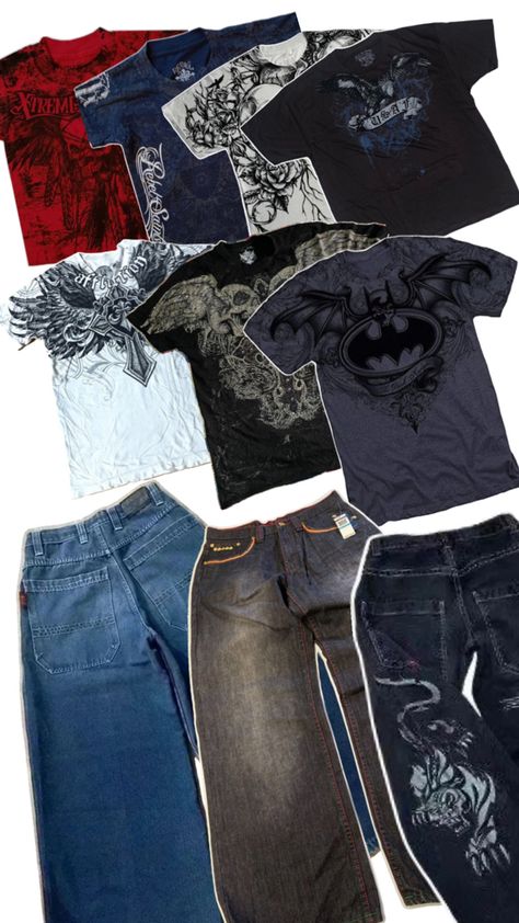 Affliction Shirts 2000s, Affliction Clothing Outfit, 2000s Jeans Men, Skater Fits Men, Baggy Clothes Outfit 90s, Jnco Jeans Outfit, 2000s Skater Fashion, Men Baggy Outfit, 2000s Baggy Jeans