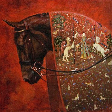 Medieval Unicorn, Unicorn Tapestry, Red Tapestry, Horse Oil Painting, Persian Art Painting, Iranian Art, Equine Art, Caravaggio, Classical Art