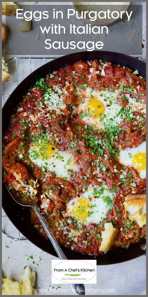 Eggs in Purgatory with Italian Sausage in skillet on cooling rack garnished with parsley and Parmesan cheese with serving spoon. What To Make For Breakfast, Dinner Eggs, Sausage And Vegetables, Eggs In Purgatory, Weekend Brunch Recipes, Breakfast Sausage Recipes, Healthy Weeknight Meals, Bacon Breakfast, Chef's Kitchen