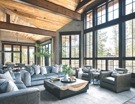 This Breckenridge, Colorado Home Aims to Show as Little Drywall as Possible - Mountain Living Living Room With Wood Ceiling, Mountain Lodge Living Room, Lodge Living Room, Grey Siding, Raised Patio, Fusion Design, Gathering Room, Breckenridge Colorado, Mountain Living