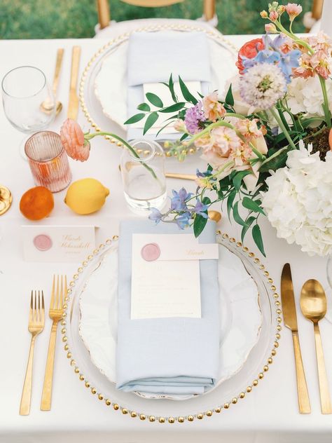 Wedding Place Setting | Gold Flatware | Wedding Reception Floral | Gold Charger | Garden Party Chargers For Wedding Receptions, Garden Party Wedding Place Setting, Cheap Wedding Place Settings, No Charger Plates Table Settings, Wedding Plate Set Up, Wedding Place Settings Ideas, Colorful Wedding Place Settings, Gold Flatware Wedding, Spring Wedding Tablescapes