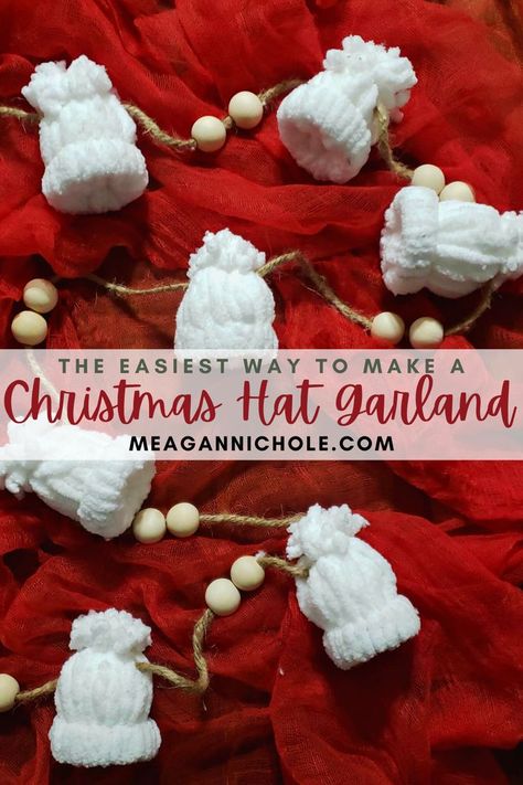 Yarn Winter Hat Garland, Christmas Hat Garland Diy, Yarn Toque Ornament, Yarn Hat Ornaments Diy Christmas, Christmas Yarn Garland Diy, Cheap Diy Christmas Tree Decorations, Christmas Hat Garland, Mini Hat Garland, Rustic Christmas Garland Diy