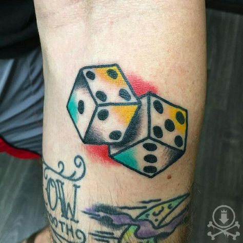 Old School Dice Tattoo, Roll Dice Tattoo, Dice Tattoo Trad, American Traditional Dice, Dice Traditional Tattoo, Lucky Dice Tattoo, American Traditional Dice Tattoo, Traditional Gambling Tattoo, Dice American Traditional Tattoo