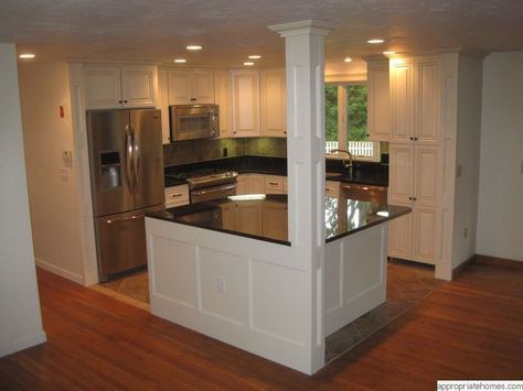 kitchen islands designs with pillars | kitchen with columns | kitchen-island-with-column Kitchen Island With Pillars, Kitchen Island Ideas With Columns, Kitchen Island With Columns, Kitchen Layouts With Island, Kitchen Designs Layout, Kitchen Corner, Kitchen Island Design, Kitchen Redo, Trendy Kitchen