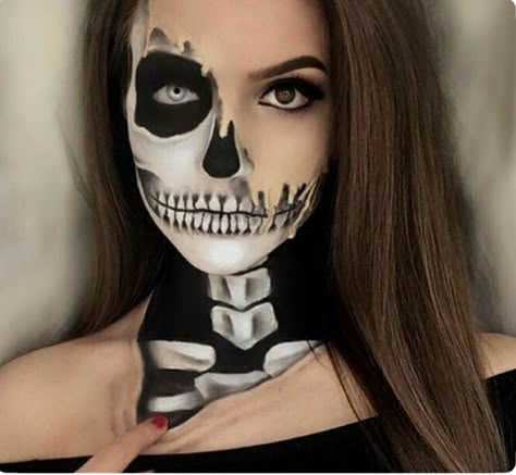 Painted Skeleton Face, Skull Neck Makeup, Skeleton Body Makeup, Glam Skeleton Makeup Half Face, Halloween Skeleton Makeup Half Face, Zombie Skeleton Makeup, Skeleton Queen Makeup, Half Zombie Face Makeup, Female Skeleton Makeup