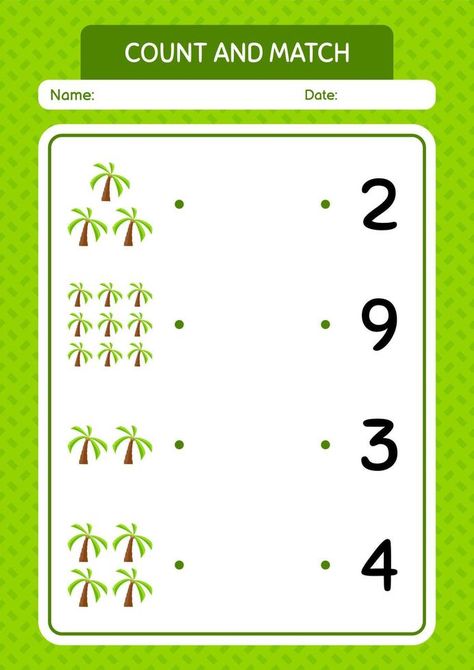 Count and match game with coconut tree. worksheet for preschool kids, kids activity sheet Tree Worksheet, Vector Cityscape, Worksheet For Preschool, Counting Worksheets, Activity Sheets For Kids, Match Game, Motor Skills Activities, Activity Books, Skills Activities