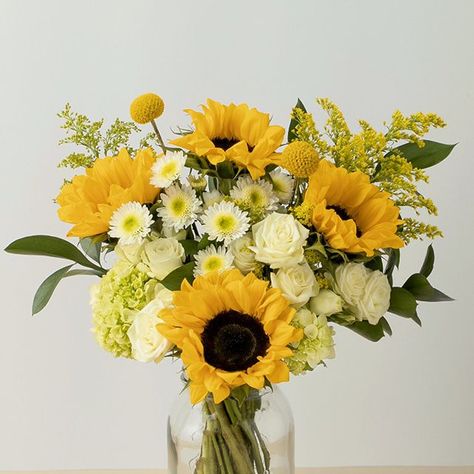 Sunflower and White Spray Rose Bouquet - The Bouqs Co. Spray Rose Bouquet, Thistle Centerpiece, Summer Flower Centerpieces, Spray Roses Bouquet, White Spray Rose, Yellow Centerpieces, White Spray Roses, October Flowers, Sunflower Arrangements