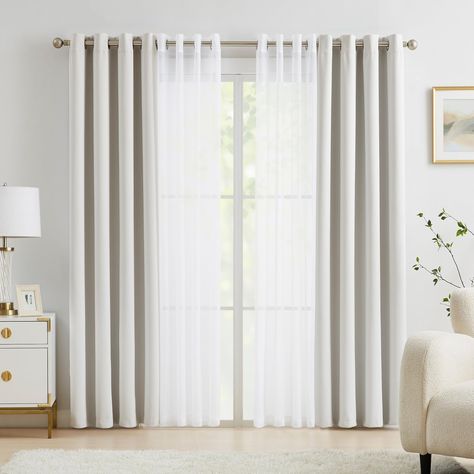 PRICES MAY VARY. Mix & Match 4Pcs Curtain Set: Each includes 2 pieces of solid beige blackout curtains and 2 pieces of beige voile sheers. All Can be separately used. These can be used single layer or overlay to meet the different purposes.52" w x 63" /panel, 104" w x 63" /pair, 1.6 inches inner width Rings fit any standard and decorative curtain rod. Elegant Look: Modern solid white sheer voile curtain drapes paired with luxury & soft-touch beige blackout thermally insulated panels perfect deco Double Track Curtains Living Rooms, Curtains Apartment Living Room, Sheer And Solid Curtains Together, Living Room Curtains With Sheers, Sheer Curtains With Blinds, Blackout Curtains With Sheers, White Room Curtain Ideas, Modern Curtain Ideas For Living Room, Sheer Curtains With Blackout Curtains