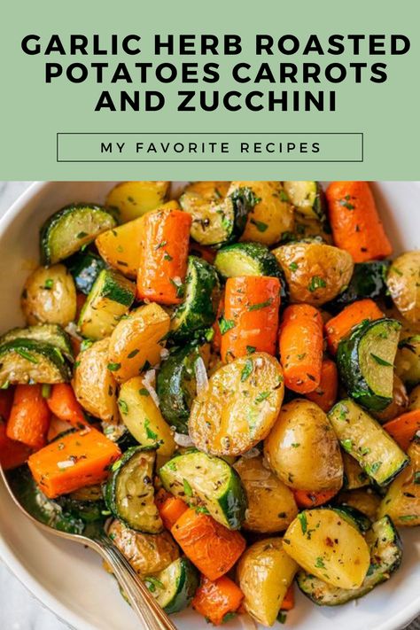 Garlic Herb Roasted Potatoes Carrots and Zucchini – These roasted vegetables make a great savory side dish that comes together in no time and pairs well with just about anything! This simple … Garlic Herb Roasted Potatoes, Roasted Potatoes Carrots, Carrots And Zucchini, Roasted Potatoes And Carrots, Zucchini Side Dishes, Italian Potatoes, Garlic Roasted Potatoes, Herb Roasted Potatoes, Roast Zucchini