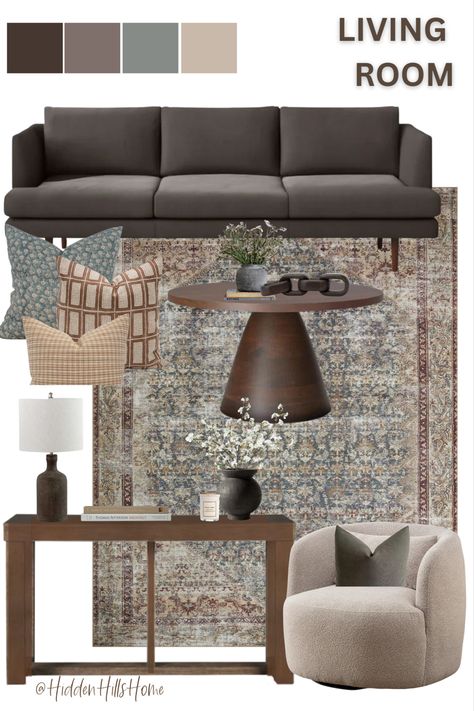 Modern Transitional living room decor mood board with a brown sofa and a cream swivel accent chair! This living room design features brown, rust, and pops of teal blue Charcoal Couch Mood Board, Grey With Brown Living Room, Dark Brown Furniture Living Room Decor Interior Design, Dark Brown Chairs Living Room, Organic Modern Living Room Dark Grey Couch, Brown And Charcoal Living Room, Modern Rustic Transitional Living Room, Black Couch Mood Board, Browns And Black Living Room