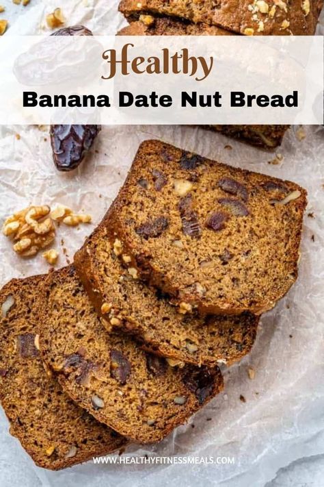 Banana Date Walnut Bread, Banana Bread With Dates Recipe, Banana Date Bread Recipes, Banana Date Recipes, Banana Date Nut Bread, Banana Date Bread, Banana Bread With Dates, Date Nut Bread Recipe, Healthy Bakes