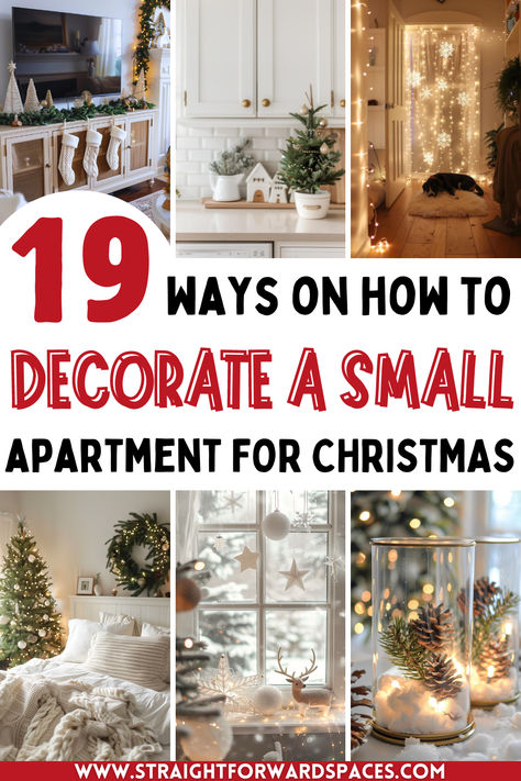 Festively decorated small apartment with a Christmas tree, holiday lights, and cozy decorations in the living room, hallway, and kitchen. Christmas Decoration Small Space, First Apartment Christmas Decor, Christmas Decor Ideas No Tree, Christmas Simple Decor Ideas, Small Tabletop Christmas Tree Ideas, Christmas No Tree Ideas, Christmas Decor Tiny Apartment, Christmas Nook Decor, Christmas Decorating For Small Spaces