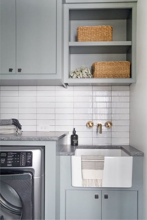 the laundry room we love to love! the backsplash, custom cabinetry, storage space - this really is our ideal place to handle all things laundry! #mgdxbainbridge - Mindy Gayer Design Co. Mindy Gayer Design, Transitional Laundry Room, Grey Laundry Rooms, Small Sink, Laundry Room Cabinets, Laundry Room Remodel, Laundry Closet, Laundry Room Ideas, Small Laundry Rooms