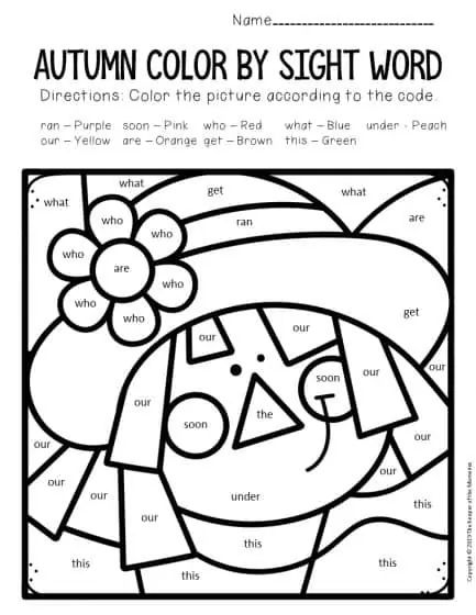 Color by Sight Word Fall Kindergarten Worksheets Relative Adverbs, Kindergarten Fall Worksheets, Word Coloring Pages, Color By Sight Word, Adverbs Worksheet, Fall Coloring Sheets, Free Kindergarten Printables, Fall Worksheets, Sight Word Coloring