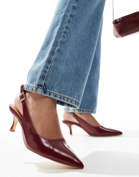 Shoes by SEQWL Dress from the feet up Slingback strap Pin-buckle fastening Pointed toe Mid point heel Burgundy Slingback Heels, Burgundy Kitten Heels, Kitty Heels, Slingback Kitten Heels, Sacs Tote Bags, Burgundy Heels, Kitten Heel Shoes, Maxi Dresses Fall, Trainer Heels