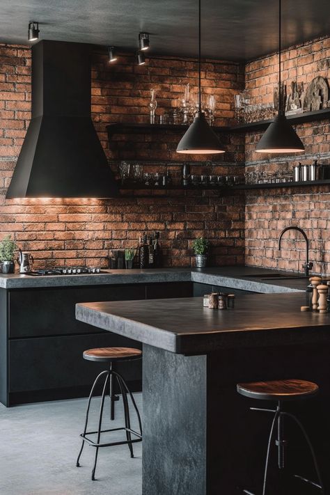 Discover the latest kitchen design trend with this stunning industrial style. The sleek black fixtures, exposed brick, and minimalist decor create a chic and modern space perfect for any home. #KitchenDesign #InteriorDecor #HomeTrends Black Kitchen Exposed Brick, Brick Backsplash Black Cabinets, Industrial Ceiling Design, Industrial Interior Design Kitchen, Minimalist Industrial Interior Design, Industrial House Design, Modern Industrial Kitchen Design, Industrial Modern Decor, Black Industrial Ceiling