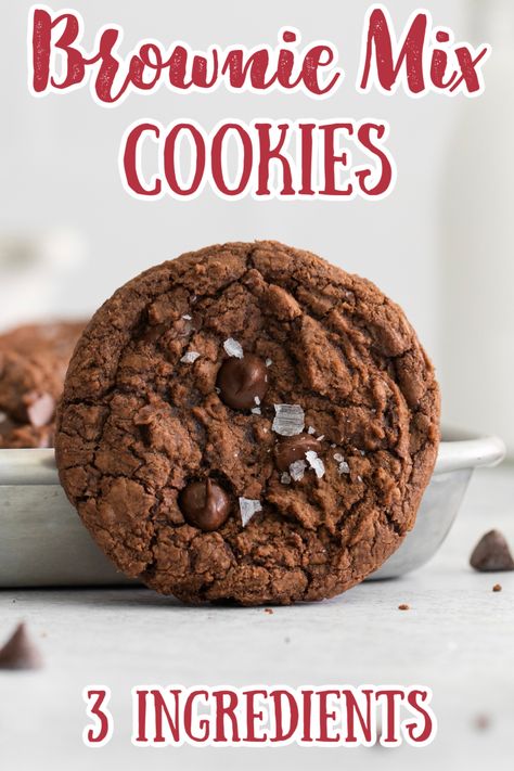 Brownie Mix Cookies -These brownie mix cookies are soft and fudgy with a crisp edge and puddles of warm chopped chocolate. You can have these cookies ready to go with only 3 ingredients and 20 minutes! Brownie Cookie | Brownie Recipes | Chocolate Cookies | Chocolate Desserts #chocolate #brownies #cookies Cookies With Brownie Mix Easy, Fudge Brownie Mix Cookies, Brownie Cookies From Mix Boxes Recipe, Brownies Cookies Recipes, Box Brownie Cookies, Cookie Brownie Recipes, Treasure Cookies, Brownie Cookies From Mix Boxes, Brownie Chocolate Chip Cookie