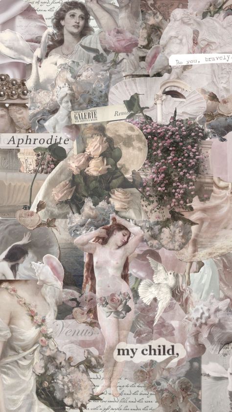 Pagan Wallpaper, Poetry Collage, Mythology Poetry, Goddess Mythology, Aphrodite Cabin, Pink Shells, Mythology Paintings, Cottagecore Wallpaper, Aphrodite Aesthetic