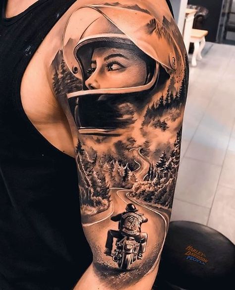 No matter if you ride a sports bike, Harley or chopper, these tattoo designs are sure to get your blood pumping. Biker Tattoos Designs, Biker Tattoo, Harley Tattoos, Helmet Tattoo, Mechanic Tattoo, Motorcycle Tattoos, Bike Tattoos, Biker Tattoos, Leg Tattoo Men