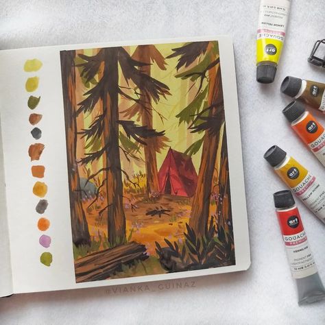 Vianka Guinaz, Forest Gouache, Camp Illustration, Funky Art Painting, Gouache Ideas, Water Color Markers, Sketchbook Assignments, Cool Tapestries, Sketchbook Challenge