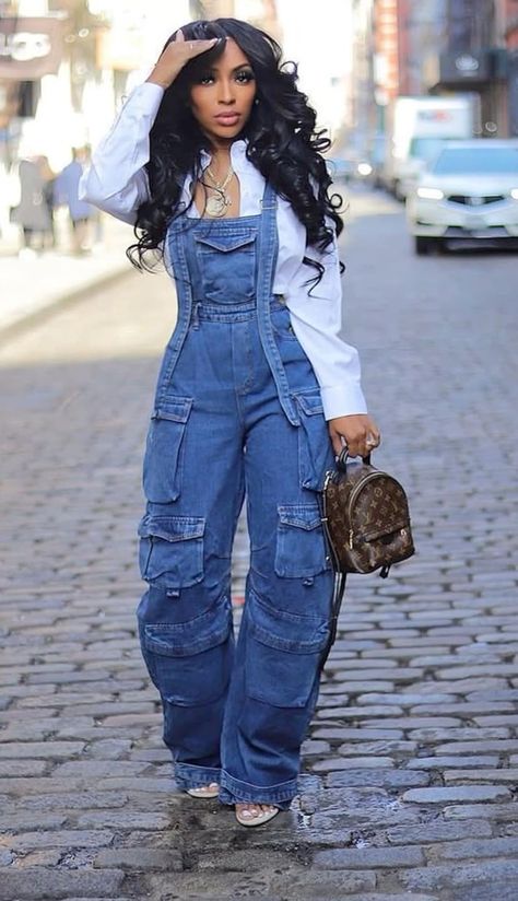 Amazon.com: LETSVDO Women's Cargo Denim Overall Jumpsuit Wide Leg Bib Loose Baggy Stretch Casual Jean Overalls Romper Cargo Pants : Clothing, Shoes & Jewelry Wide Leg Romper Outfit Casual, Big Jeans Outfit Black Women, Cargo Jumpsuit Outfit Black Women, Denim Outfits For Women Summer, All Jean Outfits For Women, Outfit Black Women Classy, Casual Pretty Outfits, How To Style Denim Dress, 90 S Style Outfit