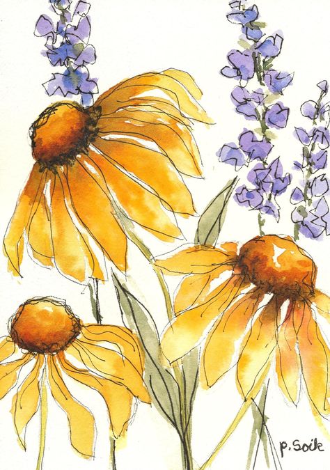 Sketch Rose, Rose Line Art, Watercolor Daisy, Sunflower Illustration, Sunflower Watercolor, Watercolor Sunflowers, Rose Sketch, Watercolor Paintings For Beginners, Diy Watercolor Painting