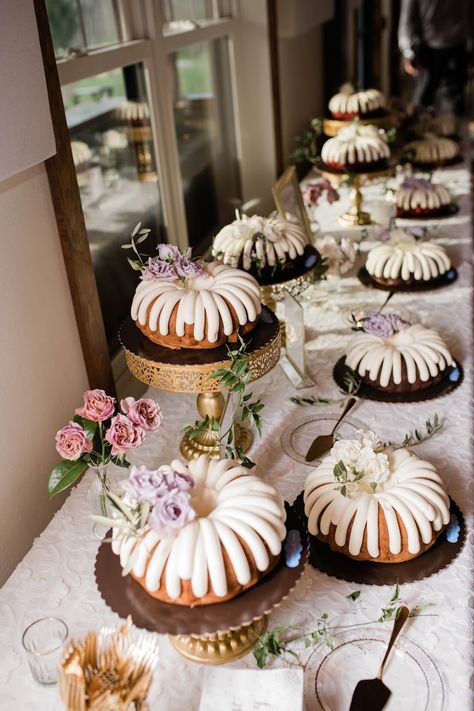 Nothing Bundt Cakes Stacked, Elegant Bundt Cakes, Diy Nothing Bundt Cake Decor, Bundt Cake Table Display, Bundt Cake Bar Wedding, Wedding Cake For Guests, Bundt Cake Flower Decoration, 50th Anniversary Brunch Ideas, 3 Tier Bundt Cake