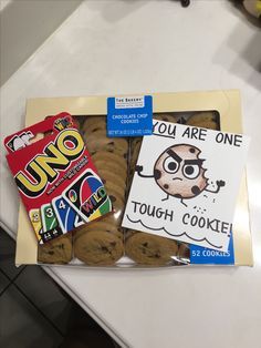 Get well soon gift idea "one tough cookie " uno cards & cookies Get Well Soon Ideas, Recovery Gift Basket, Get Well Soon Gift Basket, Get Well Soon Basket, Post Surgery Care Package, Kids Care Package, Get Well Soon Gift Ideas, Surgery Care Package, One Tough Cookie