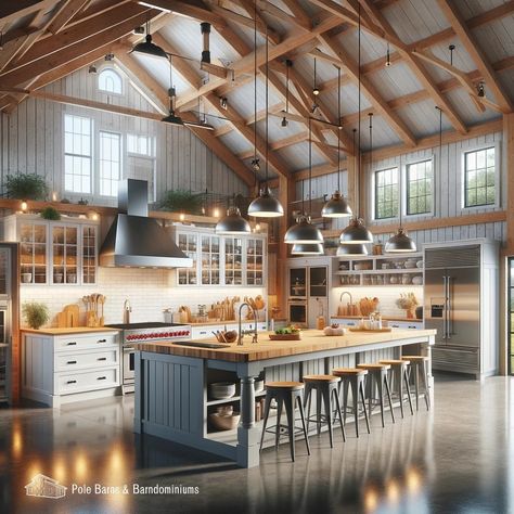 Kitchens In Barndominium, Farm Style Barndominium, Barndo Loft Ideas, Barndominium Big Windows, Mini Barndominium Interior, Interior Of Barndominium, Single Story Barndominium Interior, Coastal Barndominium, Affordable Barndominium Ideas