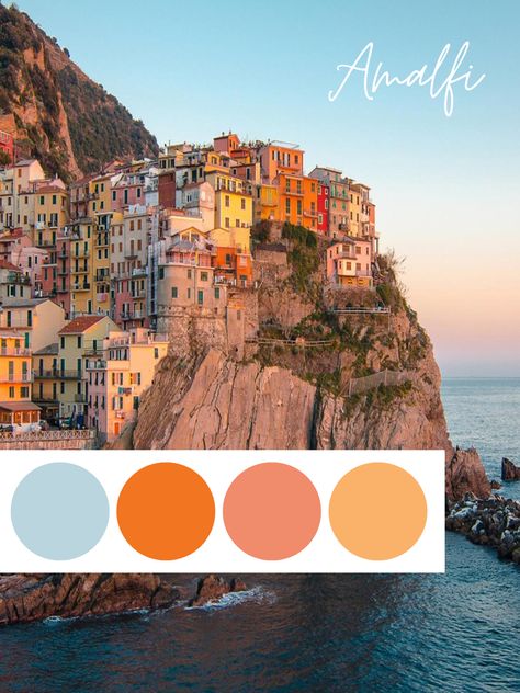 Sunset Color Palette Wedding Decor, Amalfi Inspired Wedding, Amalfi Interior Design, Wedding Color Schemes Italy, Lake Como Color Palette, Capri Color Palette, South Of France Color Palette, Sicilian Color Palette, Sicily Color Palette