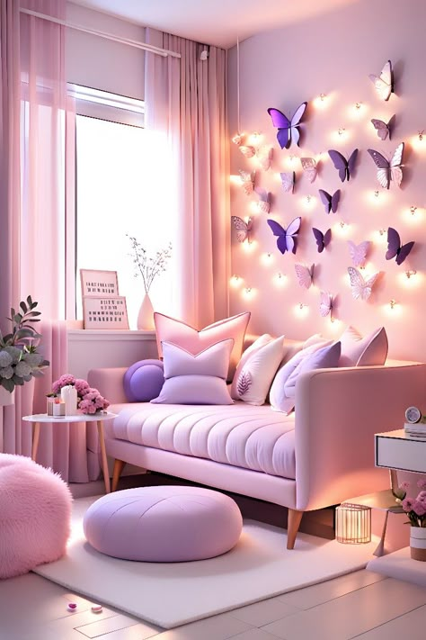 It's a soft purple and pink, pretty butterfly living room. It's got tiny butterflies stuck to the wall with fairy lights in between. A white rug some pink flowers to add and more such details make the room look beautiful as a dream. Purple Room Wall Ideas, Soft Purple Bedroom Ideas, Butterfly Living Room Ideas, Living Room With Pink Walls, Pink And Purple Home Decor, Purple Butterfly Room Ideas, Butterfly Wall Paint, Pink And Purple Room Ideas Bedrooms, Pink Room Decor Of Your Dreams