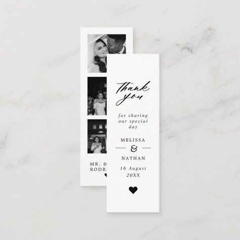 Photo Strip Mini Wedding Thank You Bookmark Calling Card | Zazzle Thank You For Coming Wedding Card, Fun Wedding Thank You Cards, Thank You Placement Cards Wedding, Thank You Card Engagement, Wedding Thank You Pictures, Bookmark Thank You Cards, Wedding Favour Bookmark, Thank You Bookmarks, Wedding Gift Thank You Cards